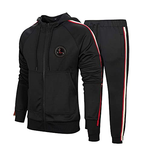 MANTORS Men's Hooded Athletic Tracksuit Full Zip Casual Jogging Gym Sweat Suits Black XL