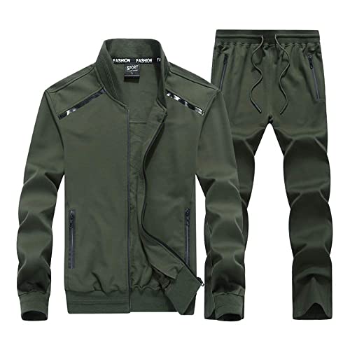 INVACHI Mens 2 Pieces Athletic Full Zip Sports Sets Jacket & Pants Active Fitness Jogging Sweat Tracksuit Set Army Green