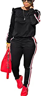 Akmipoem Sweatsuit Jumpsuits for Women Ruffle Sleeve Sweatshirt and Sweat Pants Set Tracksuits Black XL