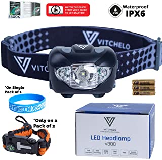 VITCHELO V800 Headlamp with White and Red LED Lights. Super Bright Head Light 168 Lumens & Waterproof IPX6. 3 AAA Panasonic Batteries Included Great for Running Walking Camping Hiking Hunting