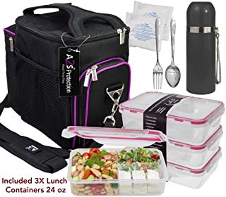 A2S Complete Meal Prep Lunch Box - 8 Pcs Set: Cooler Bag 3x Portion Control Bento Lunch Containers Leakproof 3 Compartments Microwavable BPA Free - Fork & Spoon - Thermos - 2x Ice Gel