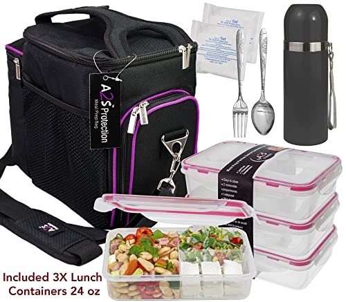 A2S Complete Meal Prep Lunch Box - 8 Pcs Set: Cooler Bag 3x Portion Control Bento Lunch Containers Leakproof 3 Compartments Microwavable BPA Free - Fork & Spoon - Thermos - 2x Ice Gel