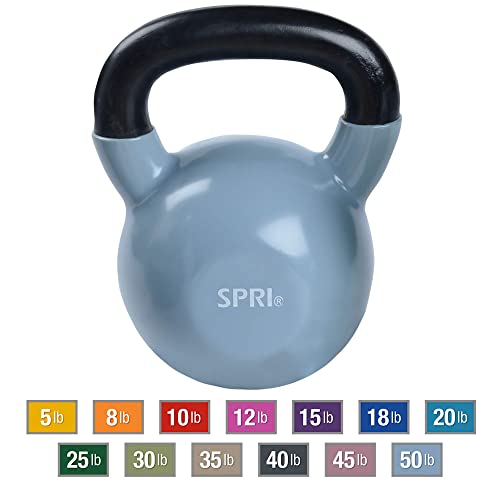 SPRI Kettlebell Weights Deluxe Cast Iron Vinyl Coated Comfort Grip Wide Handle Color Coded Kettlebell Weight Set