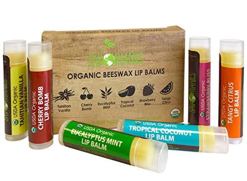 USDA Organic Lip Balm by Sky Organics  6 Pack Assorted Flavors - With Beeswax