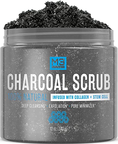 M3 Naturals Activated Charcoal Scrub All Natural Body & Face Skin Care Exfoliating Blackheads Acne Scars Pore Minimizer Reduces Wrinkles Anti Cellulite Treatment 12 OZ