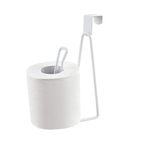 YININE Over The Tank Toilet Paper Holder Stand, Space Saving Hanging Over The Toilet Roll Tissue Holder Stand Storage Dispenser for RV Camper Small Bathroom, Hangs on Tank or Cabinet Door- White