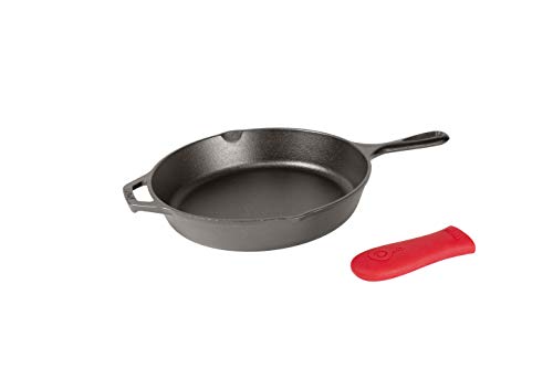 Lodge 10.25 Inch Cast Iron Skillet. Pre-Seasoned 10.25-Inch Cast Iron Skillet with Red Silicone Hot Handle Holder.