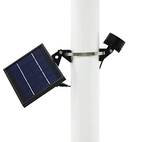 Mini 120X Solar Powered Flag Pole Light (Warm White LED), Black Finish, Adjustable Metal Strap, 4-Way Solar Panel Rotation for Optimum Sunlight Exposure