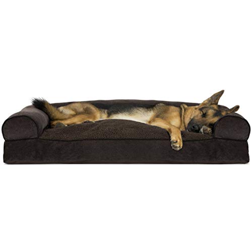 Furhaven Pet Dog Bed - Faux Fleece and Chenille Soft Woven Pillow Cushion Traditional Sofa-Style Living Room Couch Pet Bed with Removable Cover for Dogs and Cats, Coffee, Jumbo