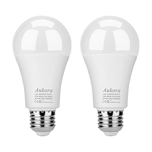 Aukora Dusk to Dawn Light Bulb, 12W (100-Watt Equivalent) Smart Sensor Light Bulbs Super Bright E26 Automatic On/Off Security Lights Outdoor/Indoor for Porch Garage Garden Patio(Cool White 2 Pack)