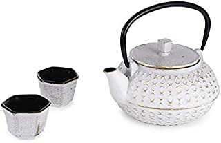 Hinomaru Collection Rikyu Japanese Style Antique White Classic Design Cast Iron Tetsubin Tea Set Including Teapot 32 Fl Ounce with Stainless Steel Infuser 2 Enameled Cast Iron Tea Cups Gift Packaging