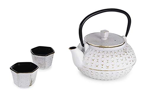 Hinomaru Collection Rikyu Japanese Style Antique White Classic Design Cast Iron Tetsubin Tea Set Including Teapot 32 Fl Ounce with Stainless Steel Infuser 2 Enameled Cast Iron Tea Cups Gift Packaging