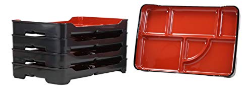 Ebros Red And Black Traditional Japanese Large Bento Box With Dividers 6 Compartments Lacquered Copolymer Plastic Serving or Display Platter Tray 14