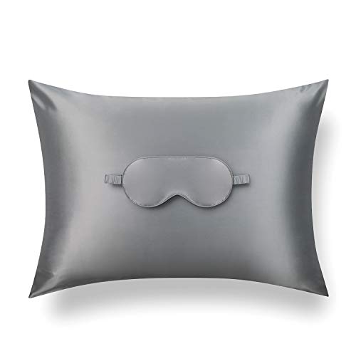 Tafts 22 Momme 100% Pure Mulberry Silk Pillowcase & Sleep Mask for Hair and Skin, Hypoallergenic, Grade 6A Long Fiber Natural Silk Pillow Case, Concealed Zipper, Queen 20x30 inch, Silver Grey