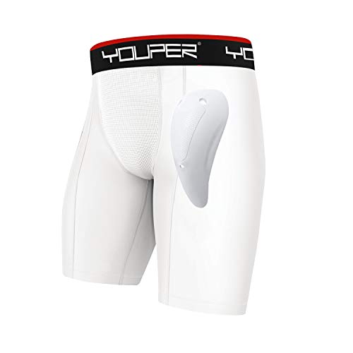 Youper Athletic Supporter, Compression Shorts w/Soft Protective Athletic Cup, Youth & Adult Sizes (White (Adult), Adult - X-Large)