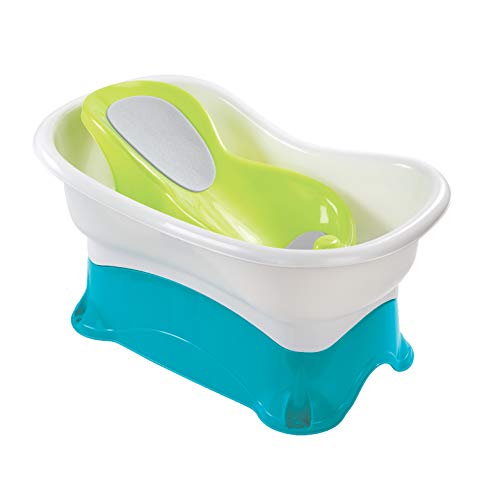 Summer Comfort Height Bath Tub  Elevated and Spacious Baby Bathtub with Newborn Bath Support  Extended Use Features Include Stand-Alone Kneeler and Stepstool