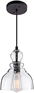 LANROS Industrial Mini Pendant Lighting with Handblown Clear Seeded Glass Shade, Adjustable Cord Farmhouse Lamp Ceiling Pendant Light Fixture for Kitchen Island Restaurant Kitchen Sink, Black, 1 Pack