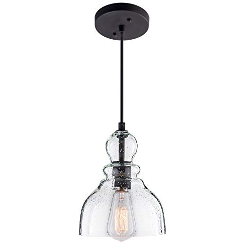 LANROS Industrial Mini Pendant Lighting with Handblown Clear Seeded Glass Shade, Adjustable Cord Farmhouse Lamp Ceiling Pendant Light Fixture for Kitchen Island Restaurant Kitchen Sink, Black, 1 Pack