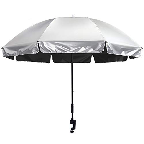 G4Free Universal Clamp On Umbrella Adjustable Outdoor UV Protection Beach Chair Umbrella 56inch, Great for Strollers, Wheelchairs, Patio Chairs, Beach Chairs, and Golf Carts (Silver/Black)