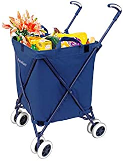 VersaCart Transit Original Folding Shopping and Utility Cart, Water-Resistant Heavy-Duty Canvas with Cover, Double Front Swivel Wheels, Compact Folding, Transport Up To 120 Pounds, Signature Blue