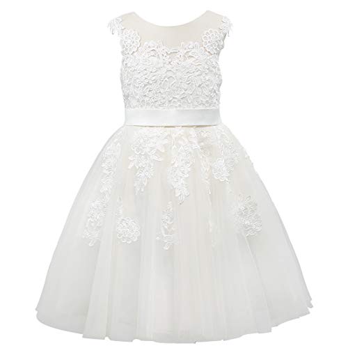 Miama Sheer Neck Lace Tulle Wedding Flower Girl Dress Junior Bridesmaid Dress Ivory