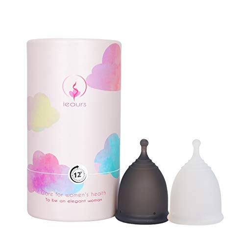 Ieours Menstrual Cups Soft Comfortable for Beginners Period Tampon Pad Alternative,Reusable Medical-Grade Silicone with Removal Stem Period Cup For Teenage Girl and Young Women 2 Pack Grey+White