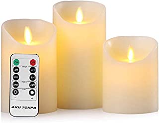 Aku Tonpa Flameless Candles Battery Operated Pillar Real Wax Flickering Moving Wick Electric LED Candle Sets with Remote Control Cycling 24 Hours Timer, 4