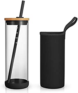 Tronco 24oz Glass Tumbler Glass Water Bottle Straw Silicone Pedestal Sleeve Bamboo Lid With Removeable Soft Insulator Sleeve - BPA Free