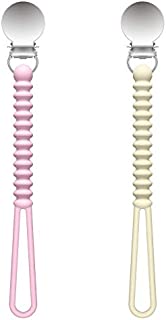 LANEYLI Pacifier Clip 100% Silicone Teether Clip Soothie Pacifier Holder for Baby Boys and Girls 2 Pack Bead Pink Beige