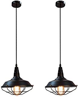 Black Pendant Light Hanging Farmhouse Ceiling Light Fixture with Cage Shade for Industrial Vintage Kitchen Island Barn Hallway Indoor Lighting, 2 Pack