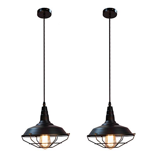 Black Pendant Light Hanging Farmhouse Ceiling Light Fixture with Cage Shade for Industrial Vintage Kitchen Island Barn Hallway Indoor Lighting, 2 Pack