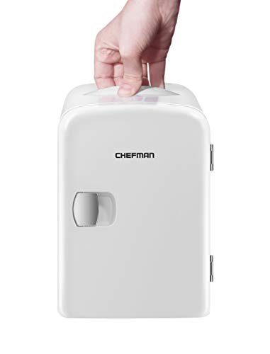 Chefman Mini Portable Compact Personal Fridge, Cools & Heats 4 Liter Capacity, Chills 6 12oz cans, 100% Freon-Free & Eco Friendly, Includes Plugs for Home Outlet & 12V Car Charger, White