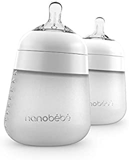 Nanobebe Flexy Silicone Baby Bottles, Anti-Colic, Natural Feel, Non-Collapsing Nipple, Non-Tip Stable Base,Easy to Clean - 2-Pack, White, 9 oz