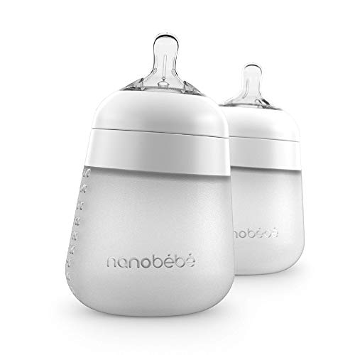 Nanobebe Flexy Silicone Baby Bottles, Anti-Colic, Natural Feel, Non-Collapsing Nipple, Non-Tip Stable Base,Easy to Clean - 2-Pack, White, 9 oz