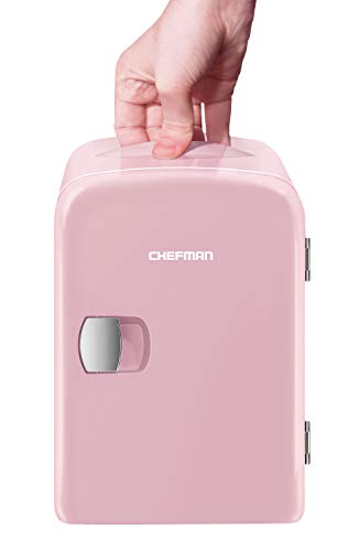 Chefman Mini Portable Compact Personal Fridge Cools & Heats, 4 Liter Capacity, Chills 6 12oz cans, 100% Freon-Free & Eco Friendly, Includes Plugs for Home Outlet & 12V Car Charger, Pink