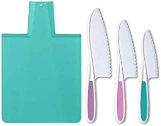 Tovla Jr Kids Kitchen Knife and Foldable Cutting Board Set: Children's Cooking Knives in 3 Sizes & Colors/Firm Grip, Serrated Edges, BPA-Free Kids' Knives/Safe Lettuce and Salad Knives