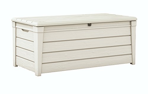 Keter Brightwood 120 Gallon Resin Large Deck Box with Included Suspensions Basket for Towels, Storage Net, Drainage Holes-Perfect for Storing Pool Toys and Accessories, White