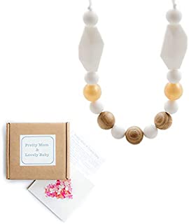 'Oak Beads' New Teething Necklace, Gift Box & Greeting Card; Natural Organic Oak Wood & Silicone Beads Jewelry (White)