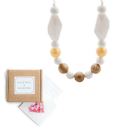 'Oak Beads' New Teething Necklace, Gift Box & Greeting Card; Natural Organic Oak Wood & Silicone Beads Jewelry (White)