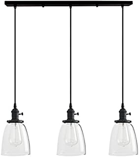 Permo Vintage Rustic Industrial 3-Lights Kitchen Island Chandelier Triple 3 Heads Pendant Hanging Ceiling Lighting Fixture with Oval Cone Clear Glass Shade (Black)