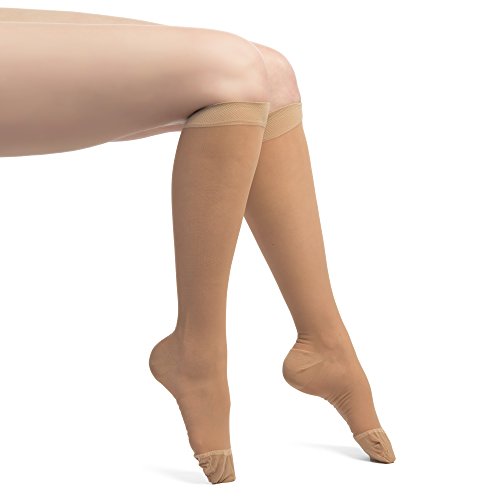 EvoNation Women's USA Made Sheer Graduated Compression Socks 15-20 mmHg Moderate Pressure Medical Quality Knee High Support Stockings Hose - Circulation Travel (Medium, Tan Nude Beige)