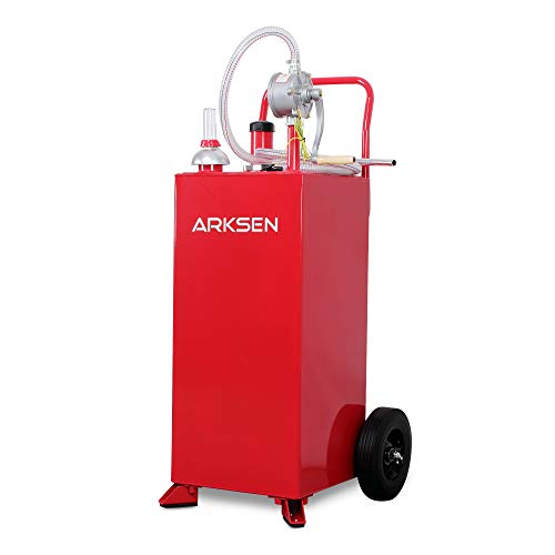 Arksen 30 Gallon Portable Gas Caddy Fuel Storage Tank Large Gasoline Diesel Can Hand Siphon Pump Rolling Flat-Free Solid Rubber Wheels Boat ATV Car Motorcycle