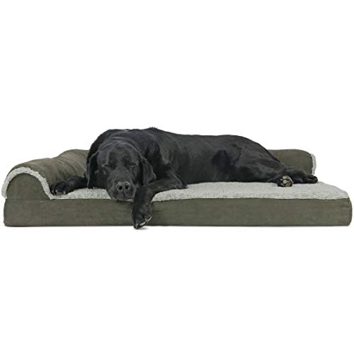 Furhaven Pet Dog Bed | Deluxe Orthopedic Two-Tone Plush Faux Fur & Suede L Shaped Chaise Lounge Living Room Corner Couch Pet Bed w/ Removable Cover for Dogs & Cats, Dark Sage, Jumbo