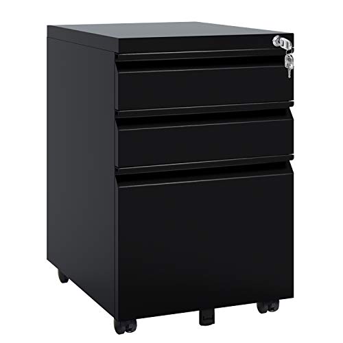 DEVAISE 3 Drawer Mobile File Cabinet with Lock, Metal Filing Cabinet for Legal/Letter/A4 Size, Fully Assembled Except Wheels, Black