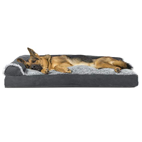 Furhaven Pet Dog Bed - Two-Tone Plush and Suede L Shaped Chaise Lounge Pillow Cushion Sofa-Style Living Room Corner Couch Pet Bed with Removable Cover for Dogs and Cats, Stone Gray, Jumbo