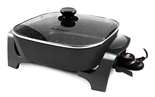 Elite Gourmet Deep Dish Heavy Duty, Rapid Heat Up, Dishwasher Safe, 1200W Non-stick Electric Skillet with Tempered Glass Vented Lid, 12 x 12