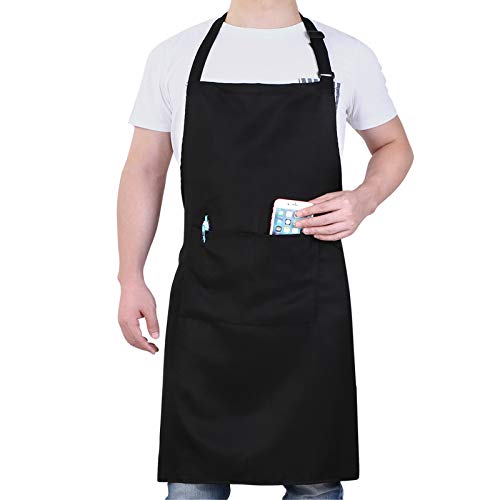 Will Well Adjustable Bib Aprons, Water Oil Stain Resistant Black Chef Cooking Kitchen Aprons with Pockets for Men Women (1 Pack)