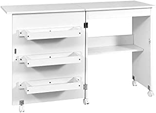 Kealive Foldable Sewing Table, Sewing Craft Cart with Adjustable Storage Shelves and Lockable Casters, Easy Assemble Multi-Function Wood Sewing Desk for Small Space, White