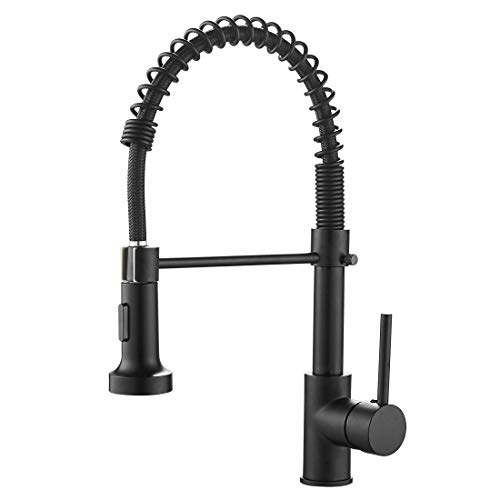 Kitchen Faucets Commercial Solid Brass Single Handle Single Lever Pull Down Sprayer Spring Kitchen Sink Faucet, Matte Black OWOFAN