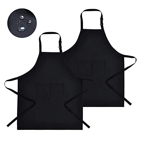 APRONPANDA Adjustable Bib Aprons, Waterproof Oil Stain Resistant Black Chef Cooking Kitchen Aprons with 2 Pockets for Men Women (2 Pack)